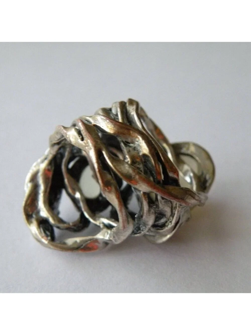 Vintage 1970s Silver Leaf & Vines Ring Light Green Cabochon sz‎ 8